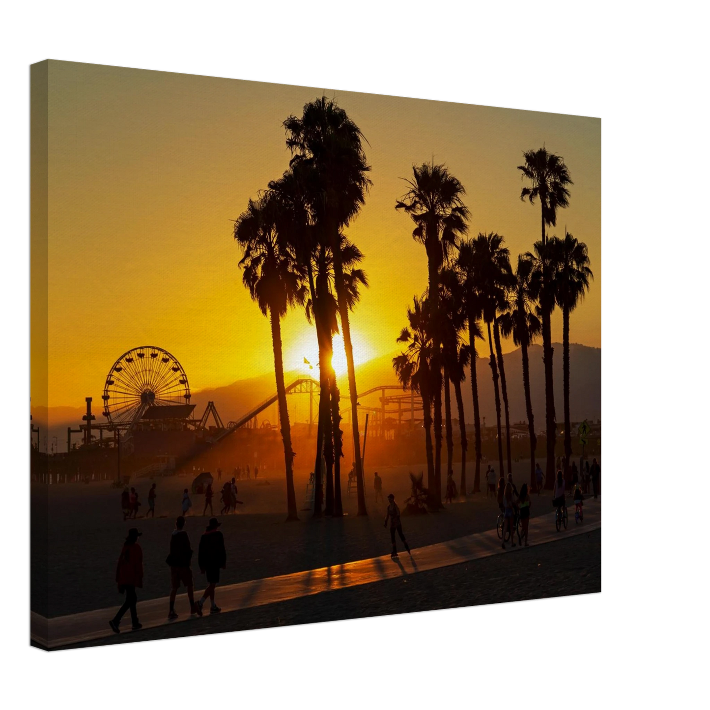 Wandbild sonnenuntergang am santa monica pier kalifornische palmen und riesenrad bei goldenem licht