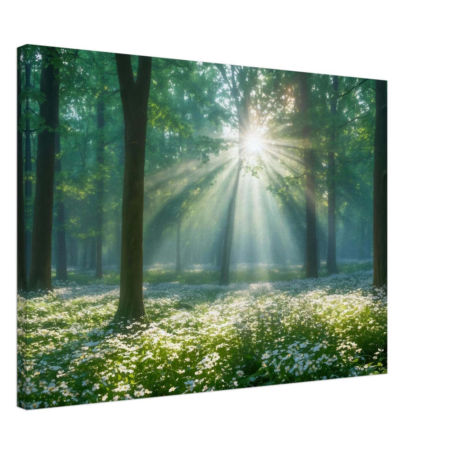 Wandbild mystischer wald sonnenstrahlen im gruenen bluetenmeer