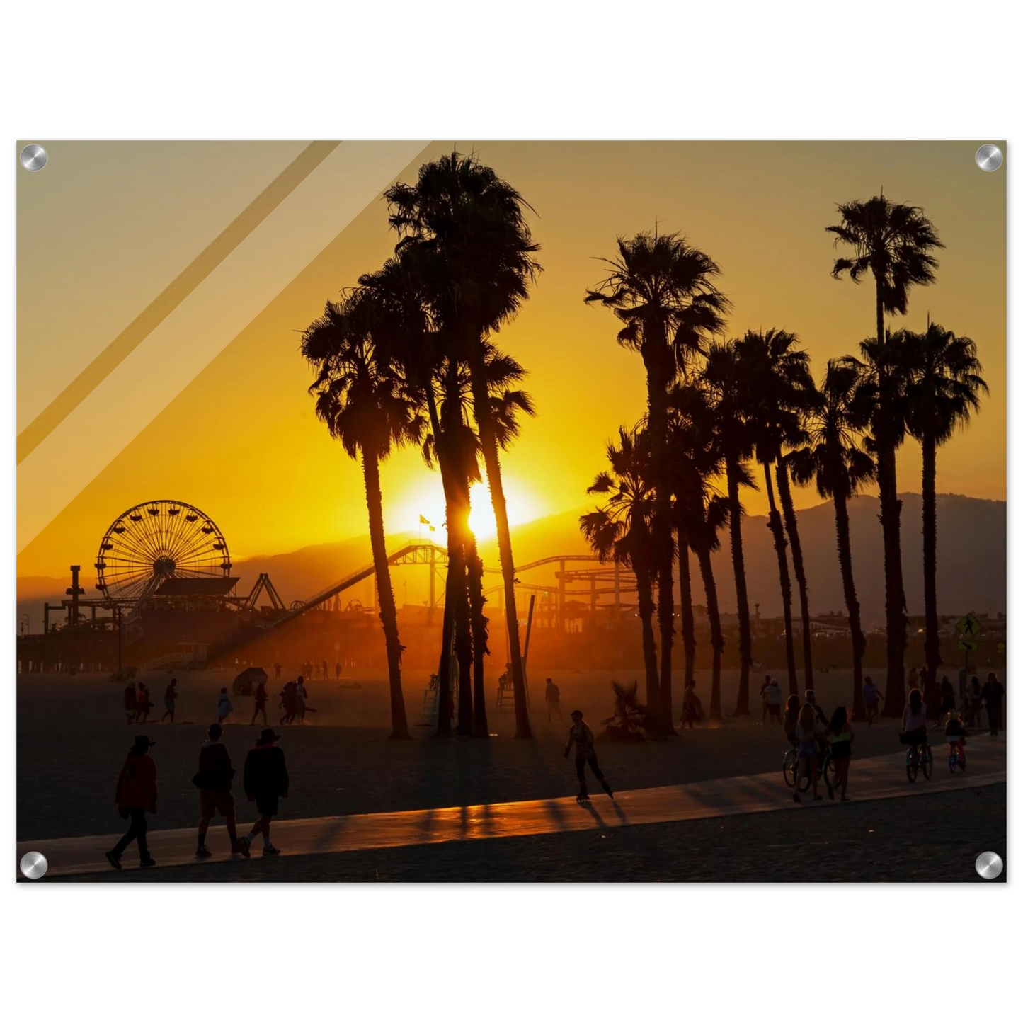 Wandbild sonnenuntergang am santa monica pier kalifornische palmen und riesenrad bei goldenem licht