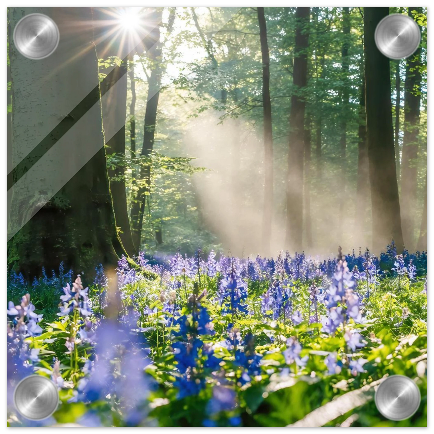Wandbild mystische waldlichtung mit blauen glockenblumen sonnenverwoehntes naturbild in verschiedenen groessen