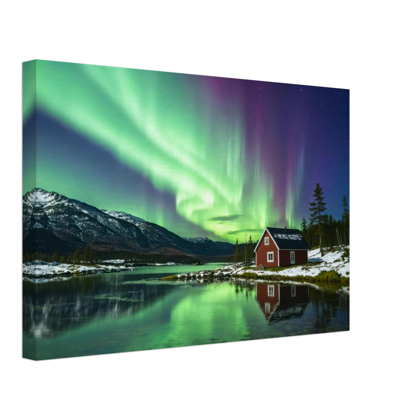 Wandbild nordlichter gemuetliche huette majestaetisches kunstwerk in lebendigen gruentoenen
