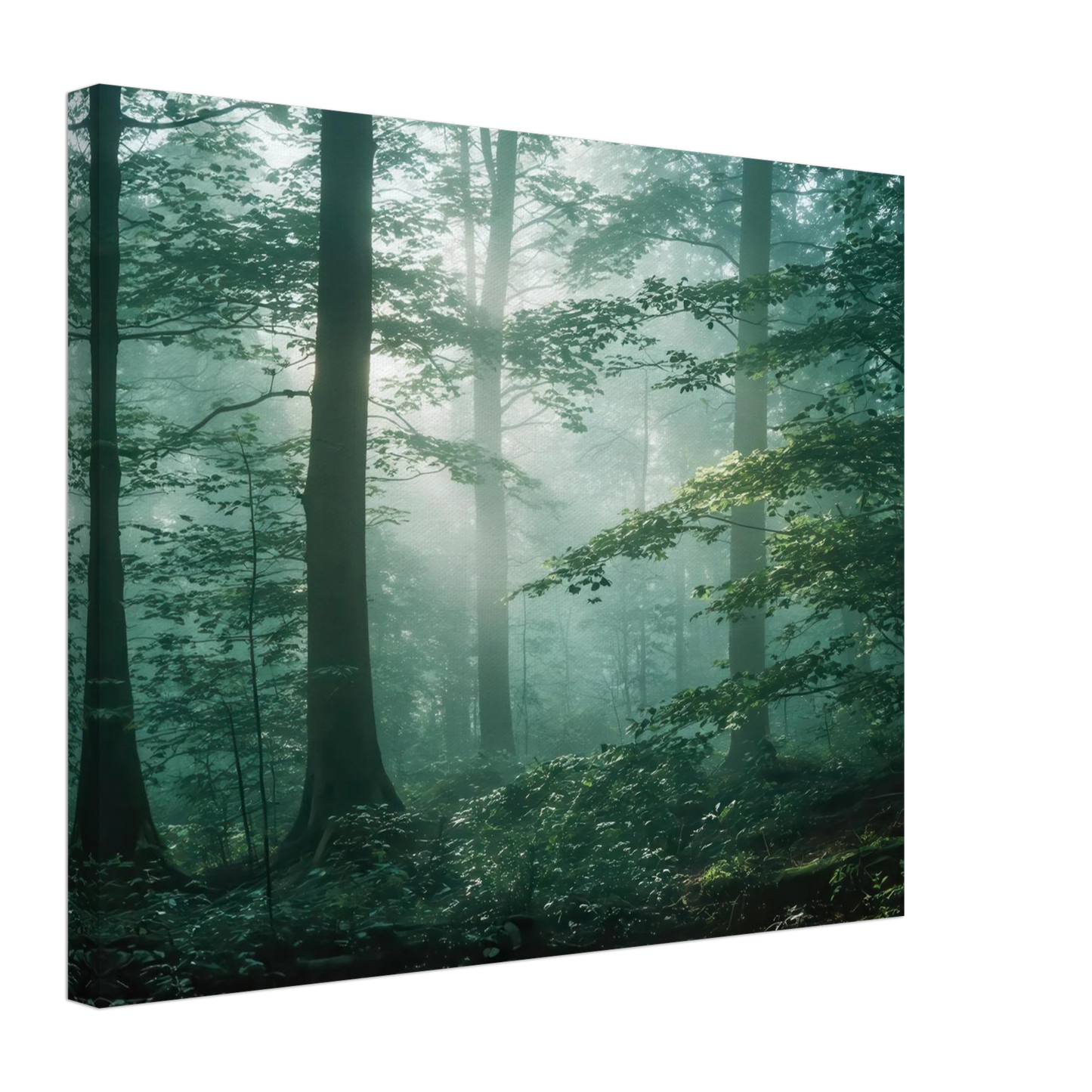 Wandbild mystischer smaragd wald mit sonnenstrahlen beruhigende nebelwald kunst in ihrer wunschgroesse