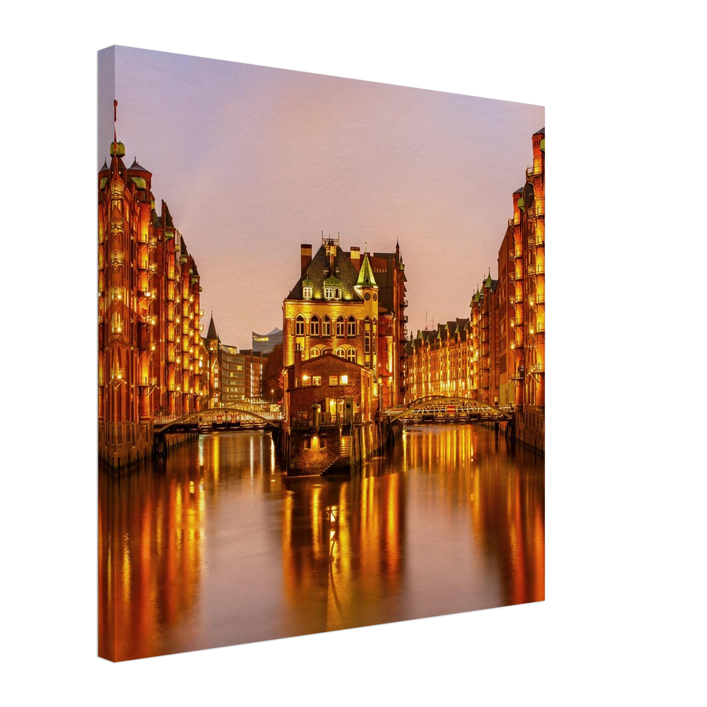 Wandbild speicherstadt hamburg bei daemmerung atmosphaerisches stadtbild als kunstdruck in ihrer wunschgroesse