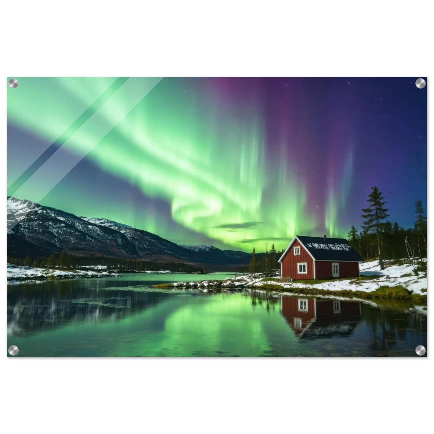 Wandbild nordlichter gemuetliche huette majestaetisches kunstwerk in lebendigen gruentoenen