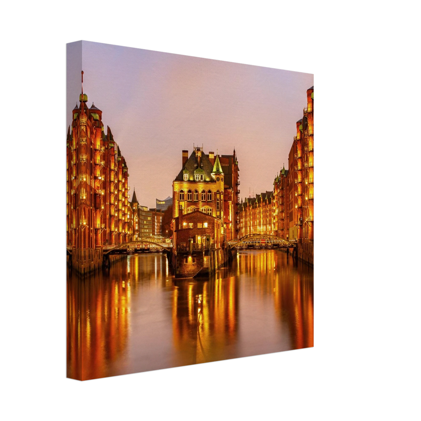 Wandbild speicherstadt hamburg bei daemmerung atmosphaerisches stadtbild als kunstdruck in ihrer wunschgroesse