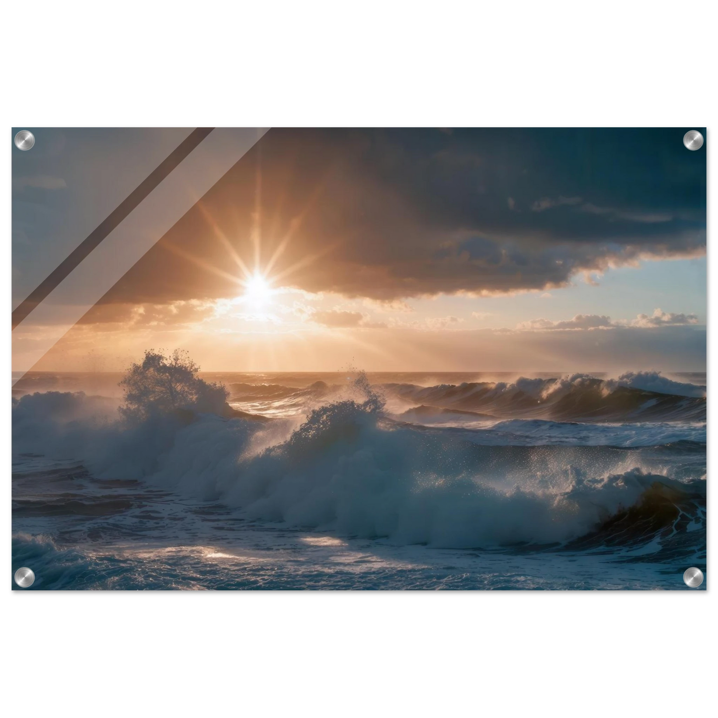 Wandbild dramatischer sonnenuntergang ueber stuermischen wellen ozean leinwanddruck in ihrer wunschgroesse