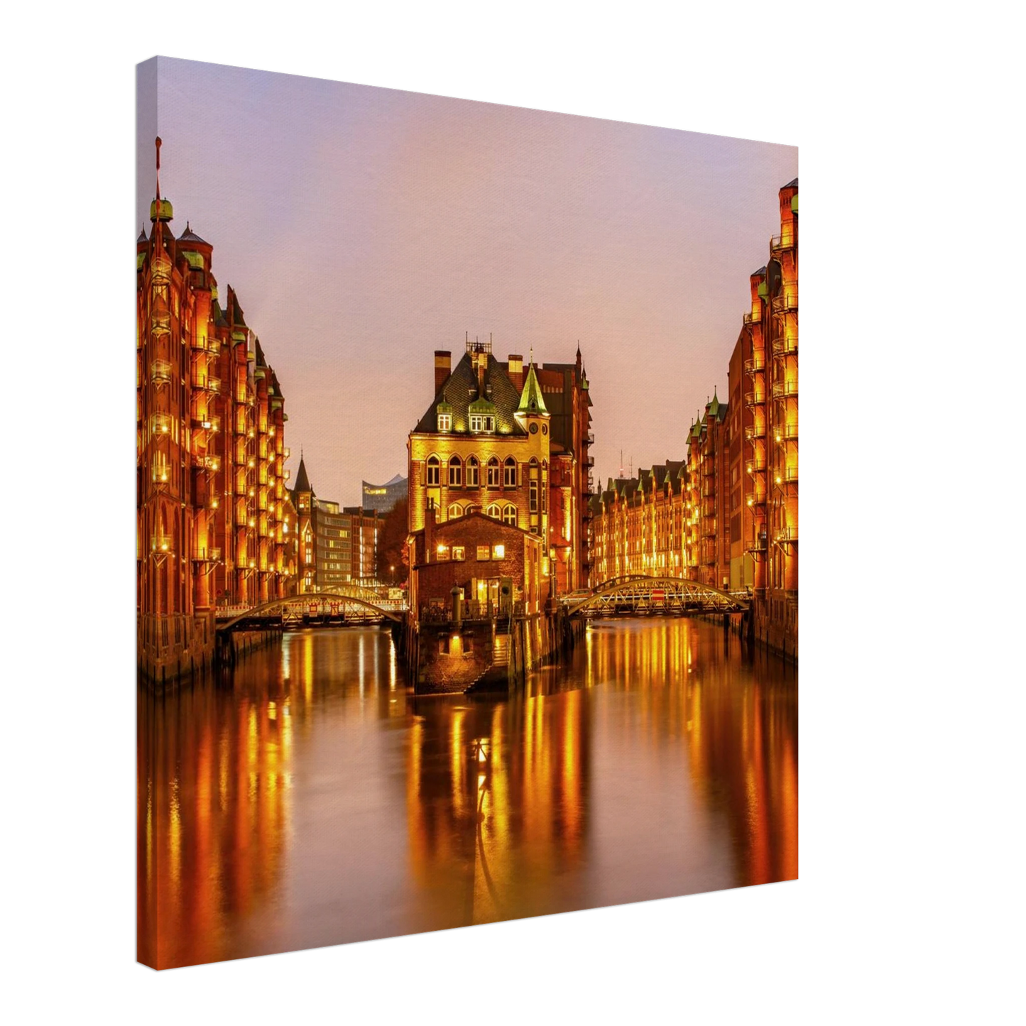 Wandbild speicherstadt hamburg bei daemmerung atmosphaerisches stadtbild als kunstdruck in ihrer wunschgroesse