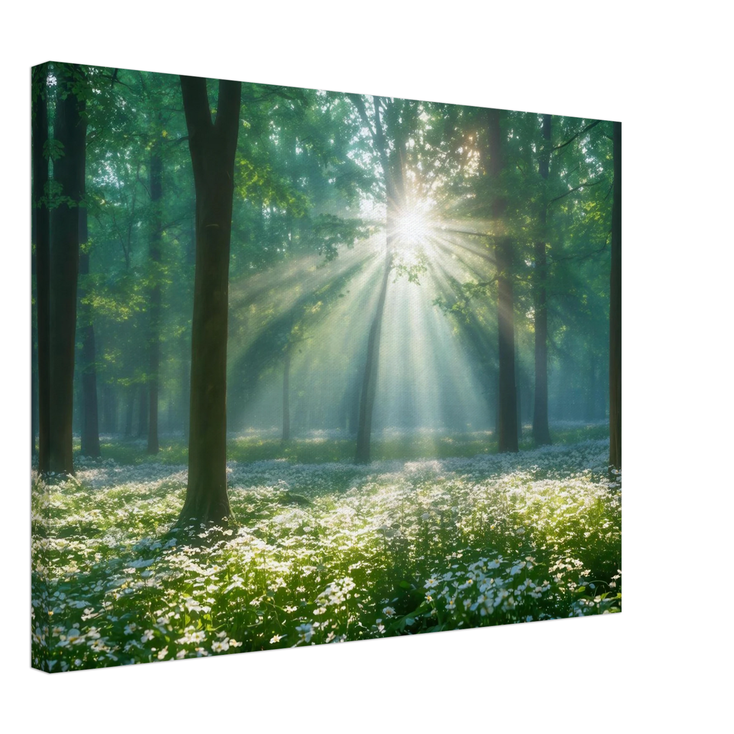 Wandbild mystischer wald sonnenstrahlen im gruenen bluetenmeer