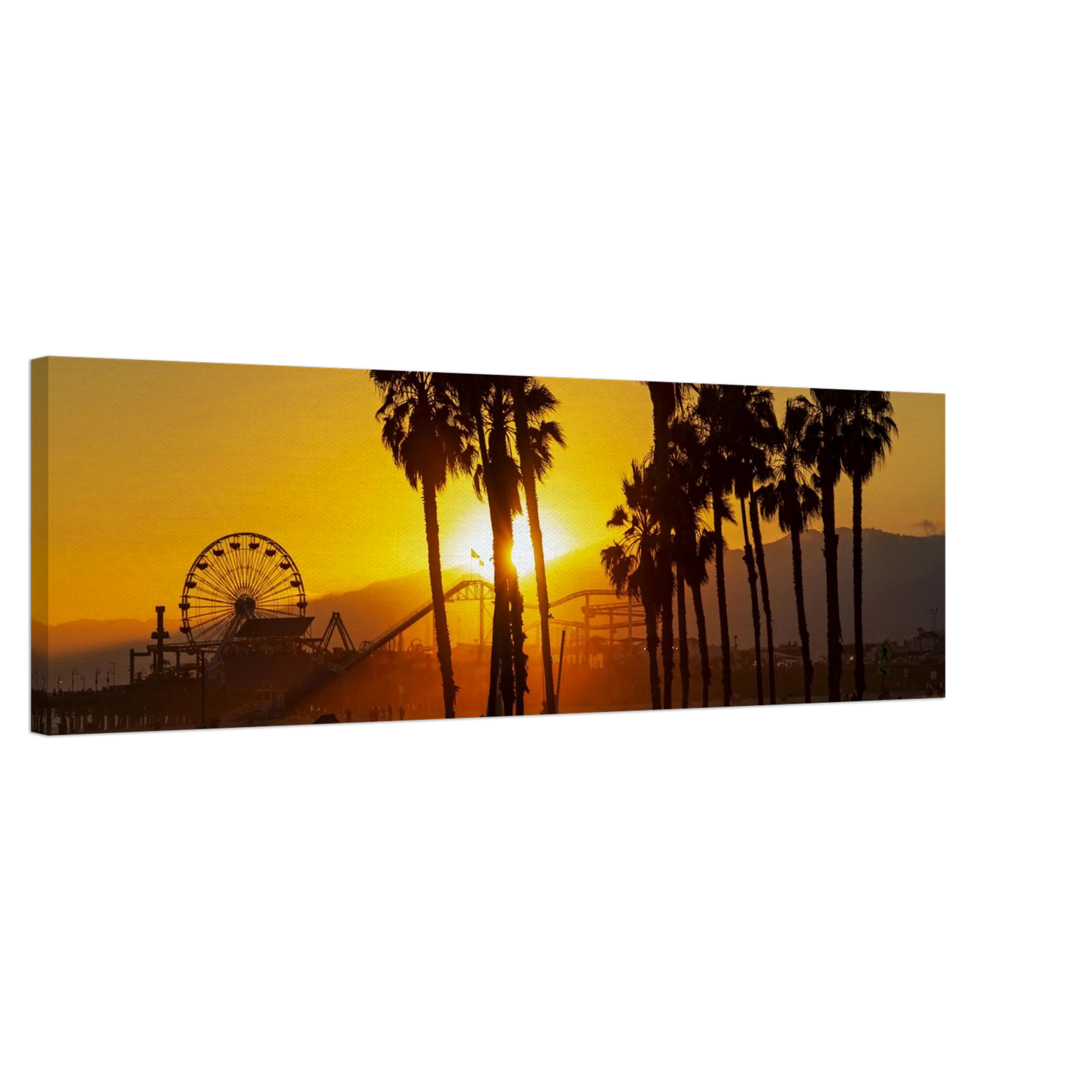 Wandbild sonnenuntergang am santa monica pier kalifornische palmen und riesenrad bei goldenem licht