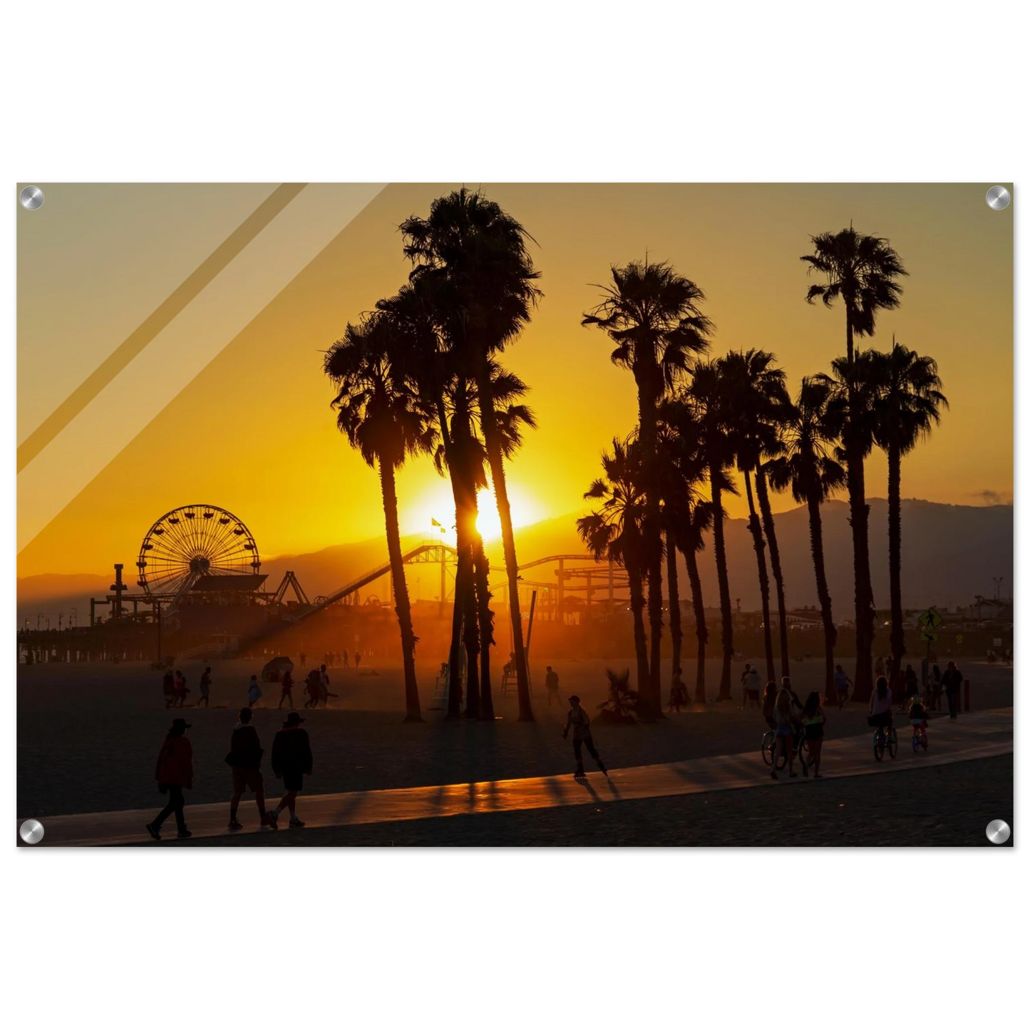 Wandbild sonnenuntergang am santa monica pier kalifornische palmen und riesenrad bei goldenem licht