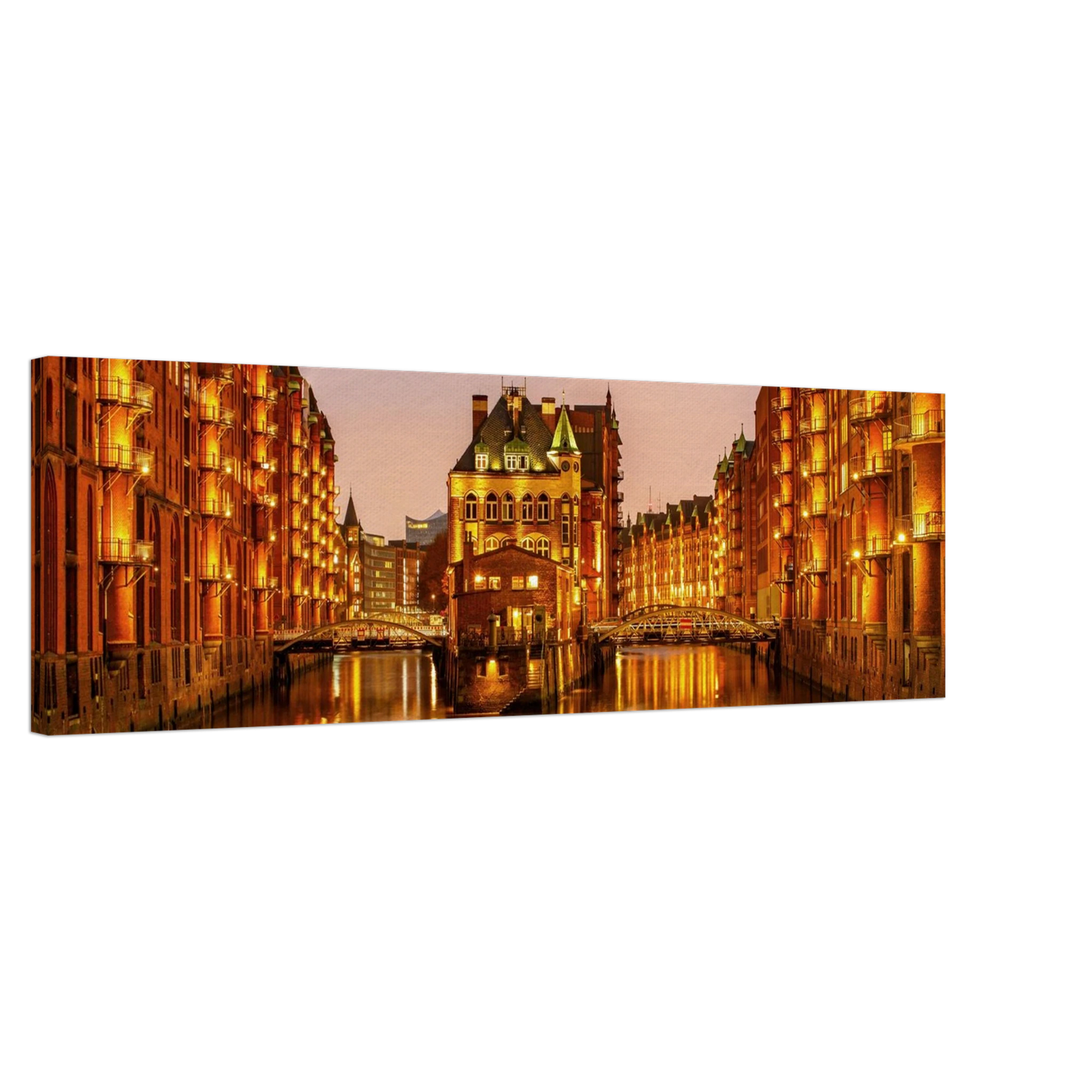 Wandbild speicherstadt hamburg bei daemmerung atmosphaerisches stadtbild als kunstdruck in ihrer wunschgroesse