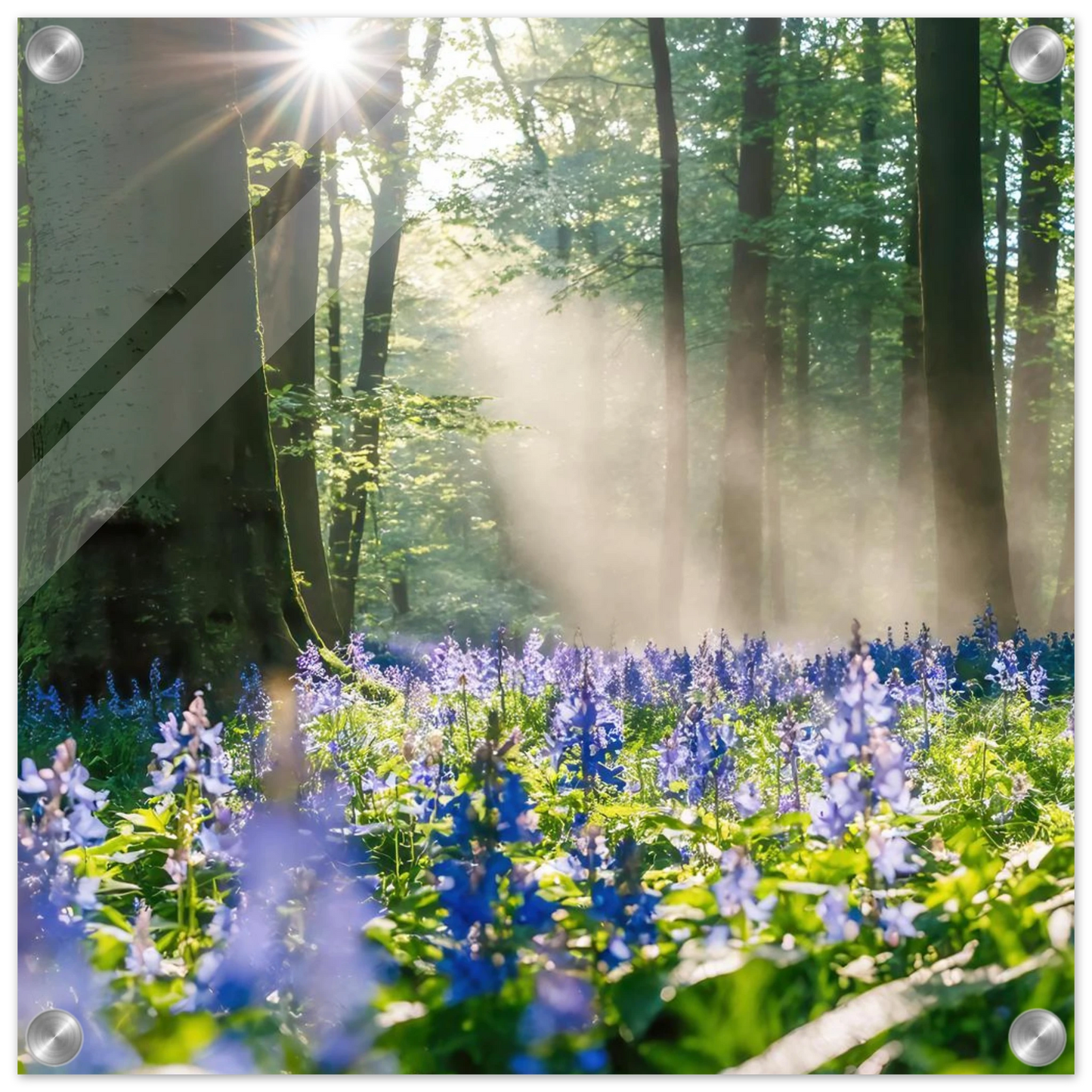 Wandbild mystische waldlichtung mit blauen glockenblumen sonnenverwoehntes naturbild in verschiedenen groessen