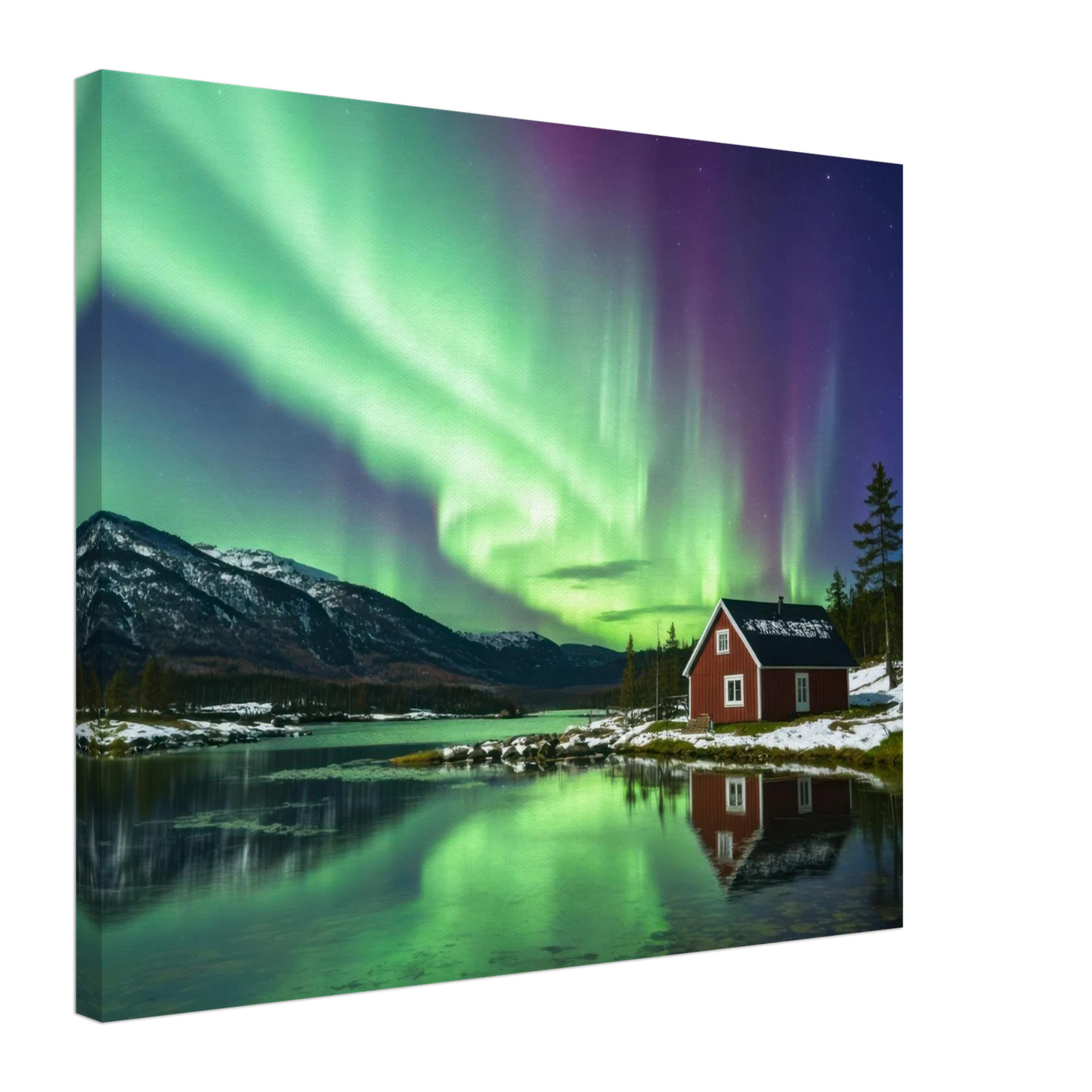 Wandbild nordlichter gemuetliche huette majestaetisches kunstwerk in lebendigen gruentoenen