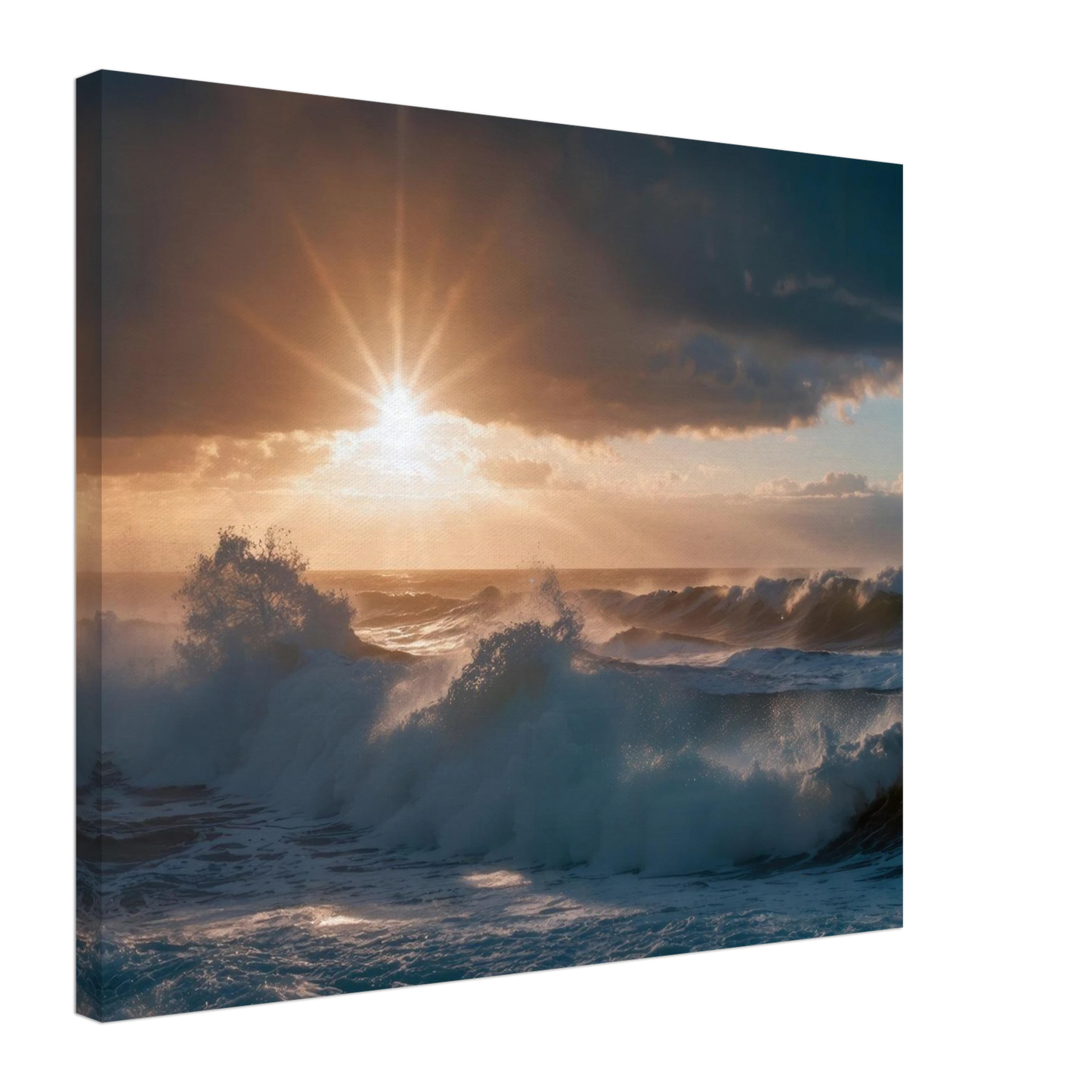 Wandbild dramatischer sonnenuntergang ueber stuermischen wellen ozean leinwanddruck in ihrer wunschgroesse