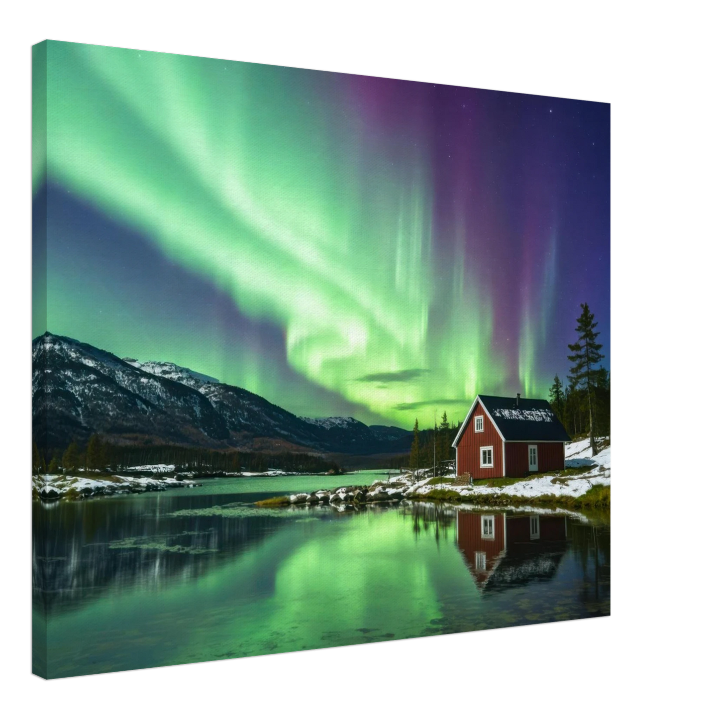 Wandbild nordlichter gemuetliche huette majestaetisches kunstwerk in lebendigen gruentoenen