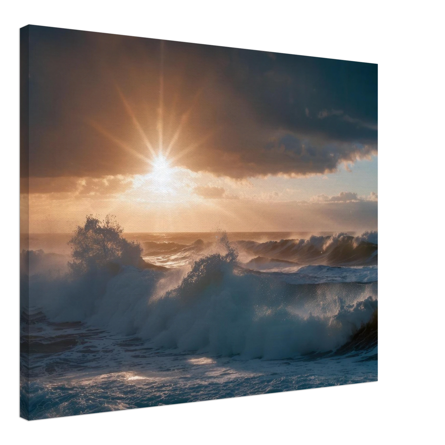 Wandbild dramatischer sonnenuntergang ueber stuermischen wellen ozean leinwanddruck in ihrer wunschgroesse