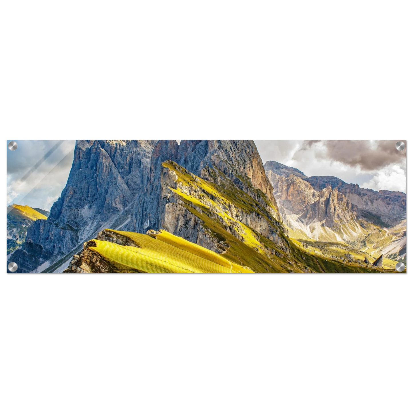 Wandbild seceda alpenglanz atemberaubende dolomiten landschaft mit leuchtenden grashaengen