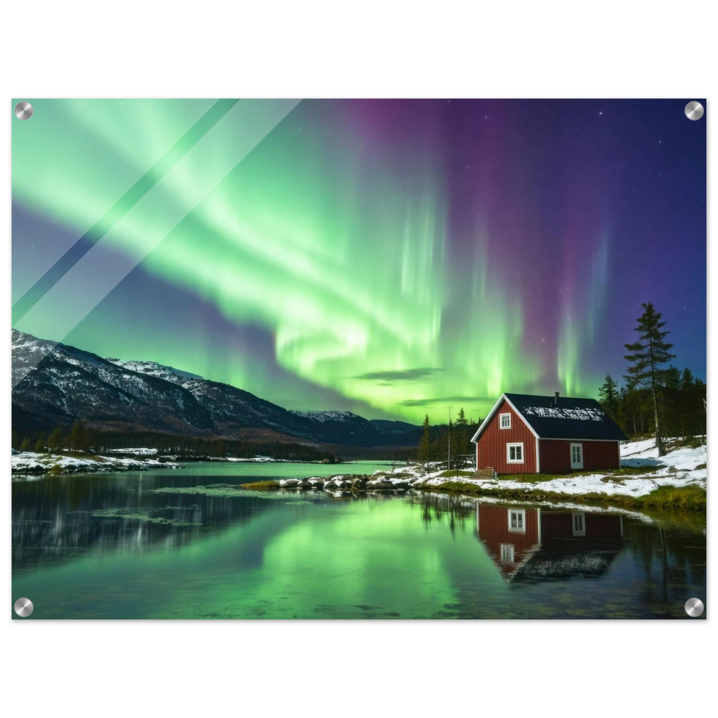 Wandbild nordlichter gemuetliche huette majestaetisches kunstwerk in lebendigen gruentoenen