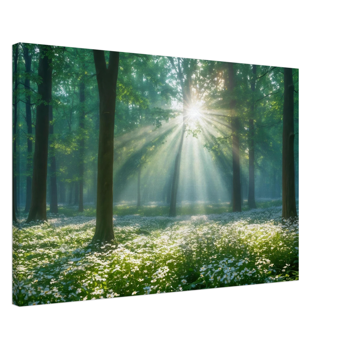 Wandbild mystischer wald sonnenstrahlen im gruenen bluetenmeer