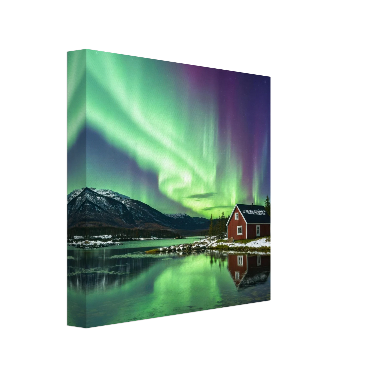 Wandbild nordlichter gemuetliche huette majestaetisches kunstwerk in lebendigen gruentoenen