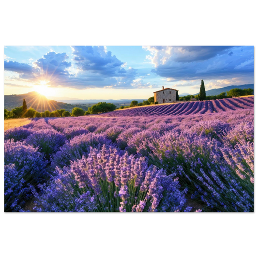 Wandbild sonnenuntergang ueber lavendelfeldern idyllische provence landschaft im wunschformat