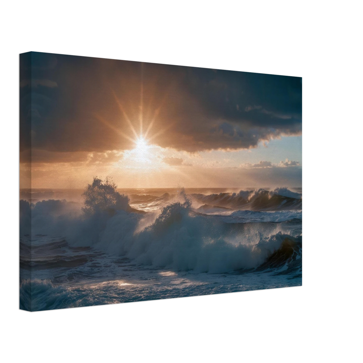 Wandbild dramatischer sonnenuntergang ueber stuermischen wellen ozean leinwanddruck in ihrer wunschgroesse