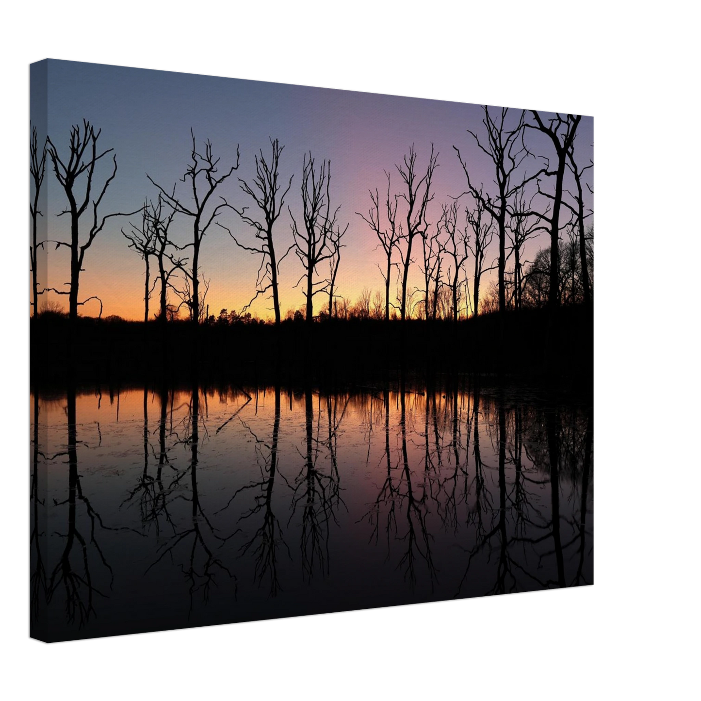 Wandbild sonnenuntergang ueber spiegelndem see magische naturlandschaft mit silhouetten