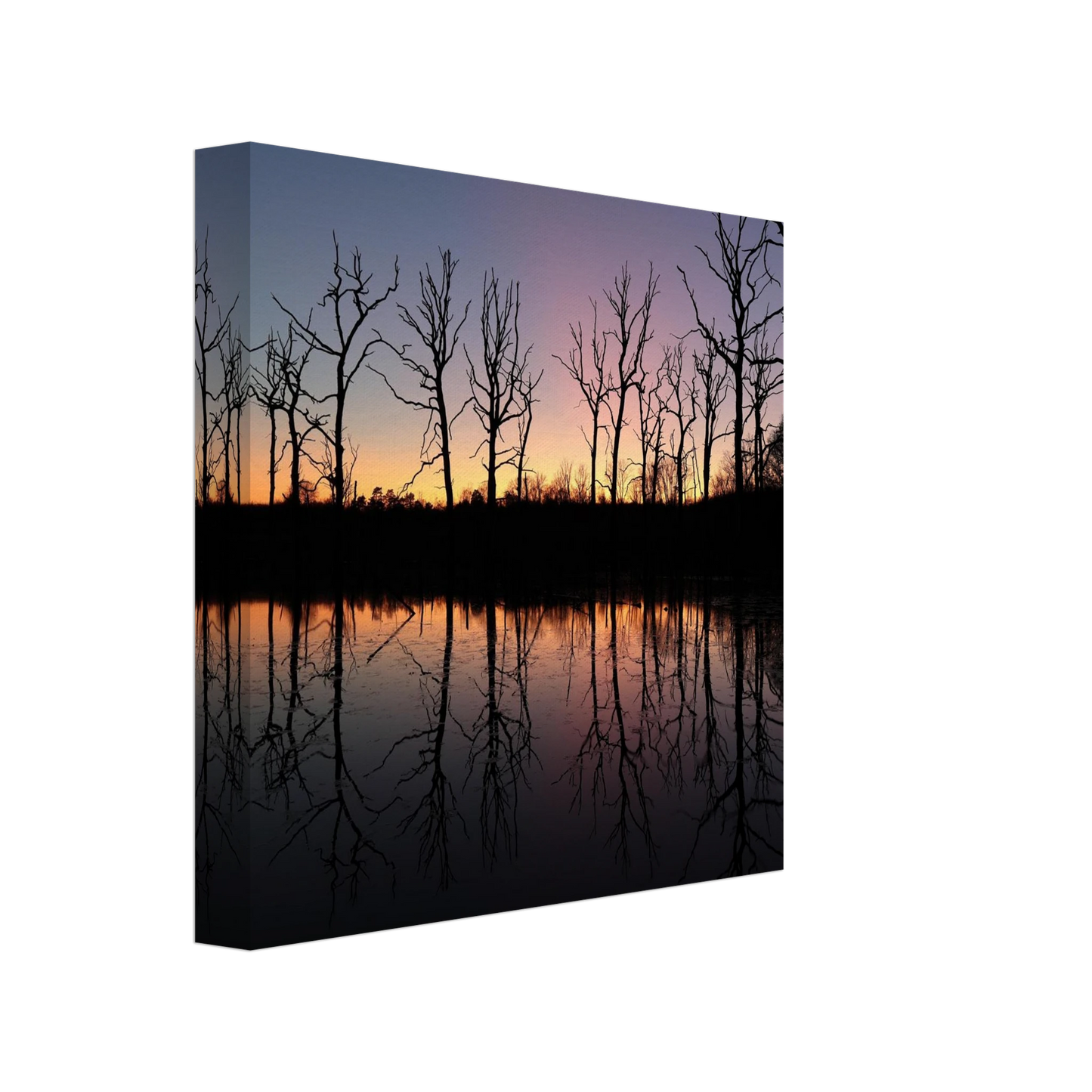 Wandbild sonnenuntergang ueber spiegelndem see magische naturlandschaft mit silhouetten