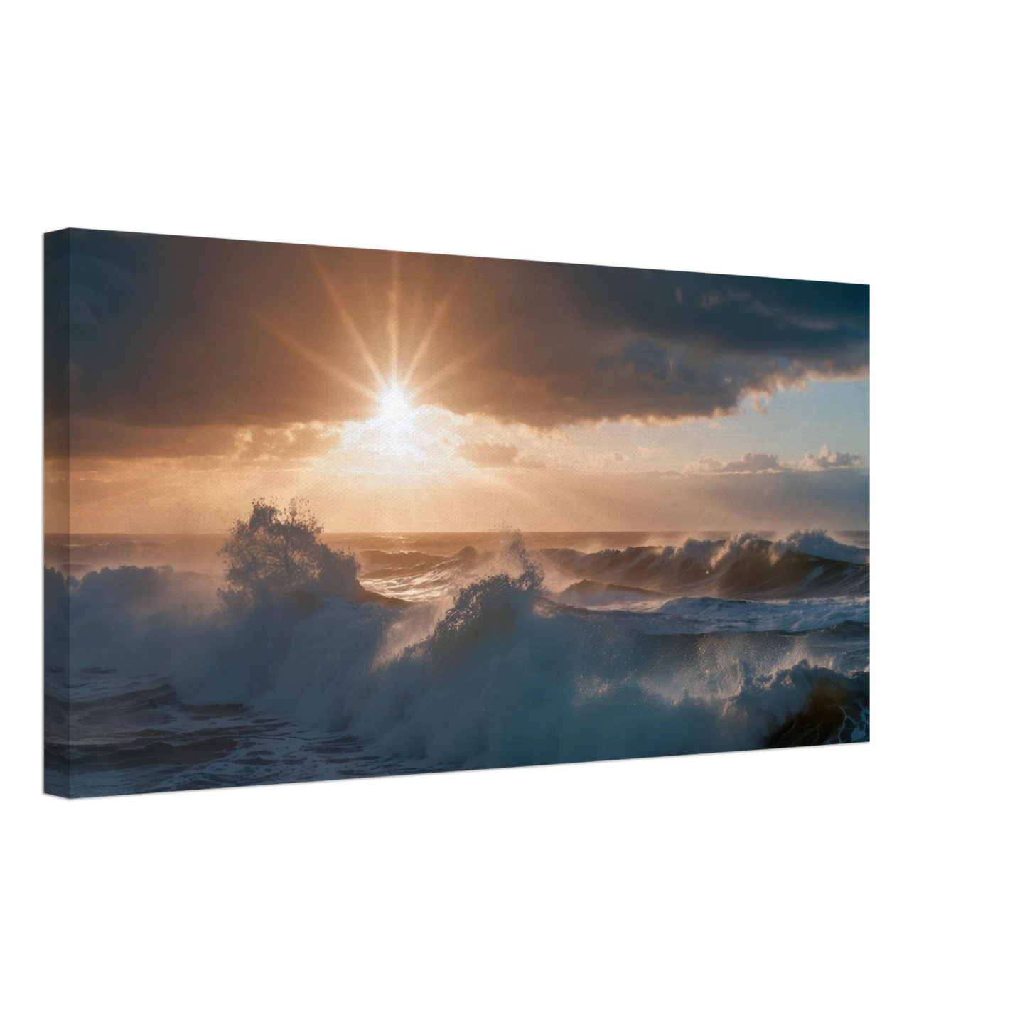 Wandbild dramatischer sonnenuntergang ueber stuermischen wellen ozean leinwanddruck in ihrer wunschgroesse