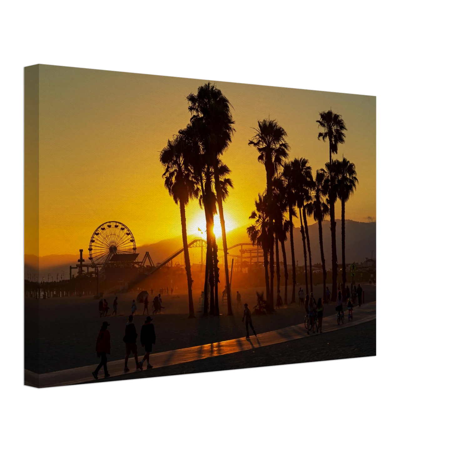 Wandbild sonnenuntergang am santa monica pier kalifornische palmen und riesenrad bei goldenem licht