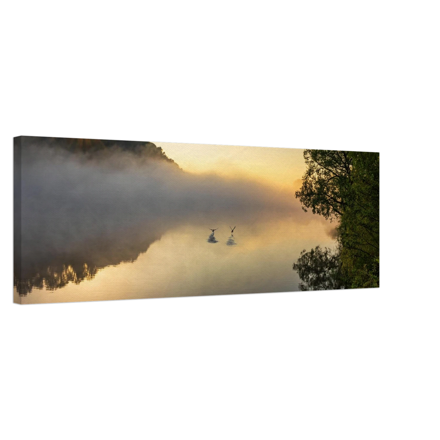Wandbild mystischer sonnenaufgang ueber dem nebelmeer stille wasser voegel leinwandbild fuer ihr zuhause