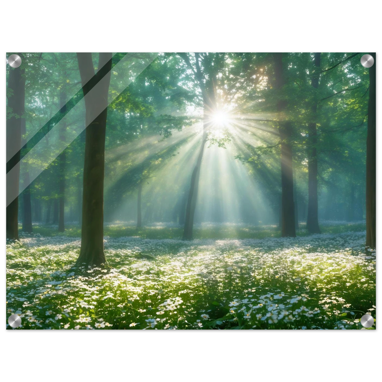 Wandbild mystischer wald sonnenstrahlen im gruenen bluetenmeer