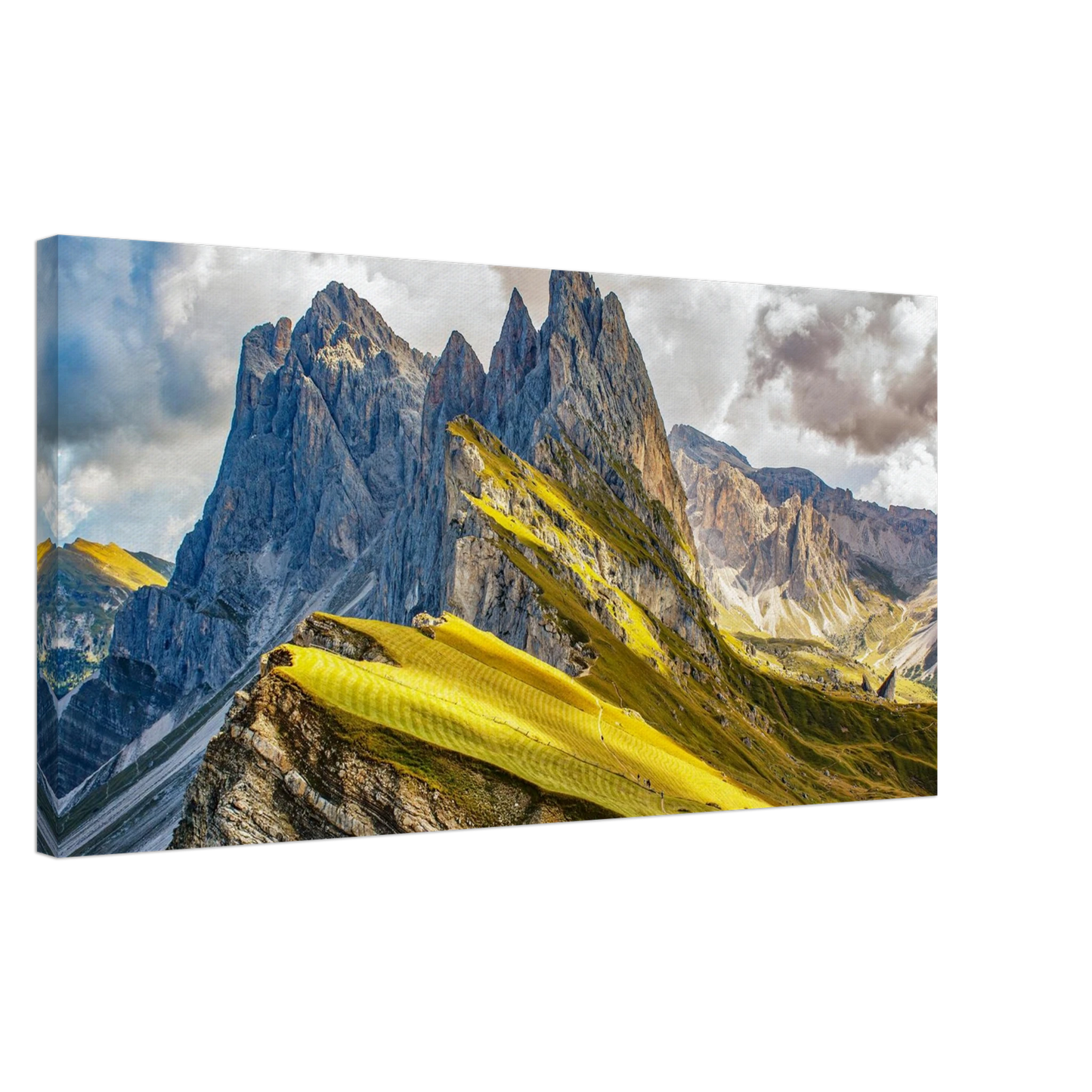 Wandbild seceda alpenglanz atemberaubende dolomiten landschaft mit leuchtenden grashaengen
