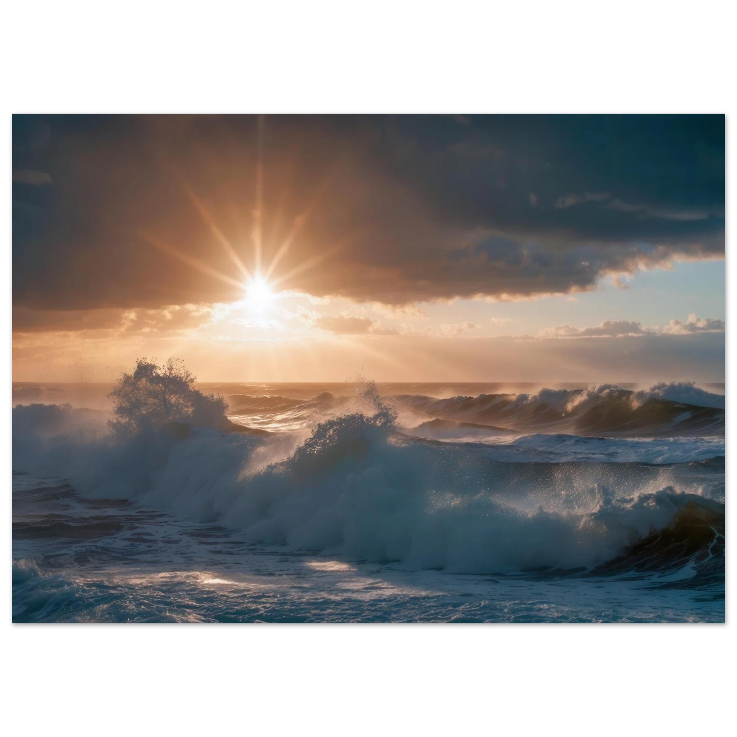 Wandbild dramatischer sonnenuntergang ueber stuermischen wellen ozean leinwanddruck in ihrer wunschgroesse