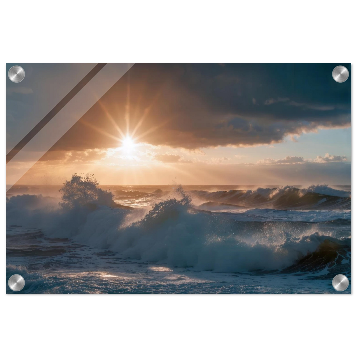 Wandbild dramatischer sonnenuntergang ueber stuermischen wellen ozean leinwanddruck in ihrer wunschgroesse