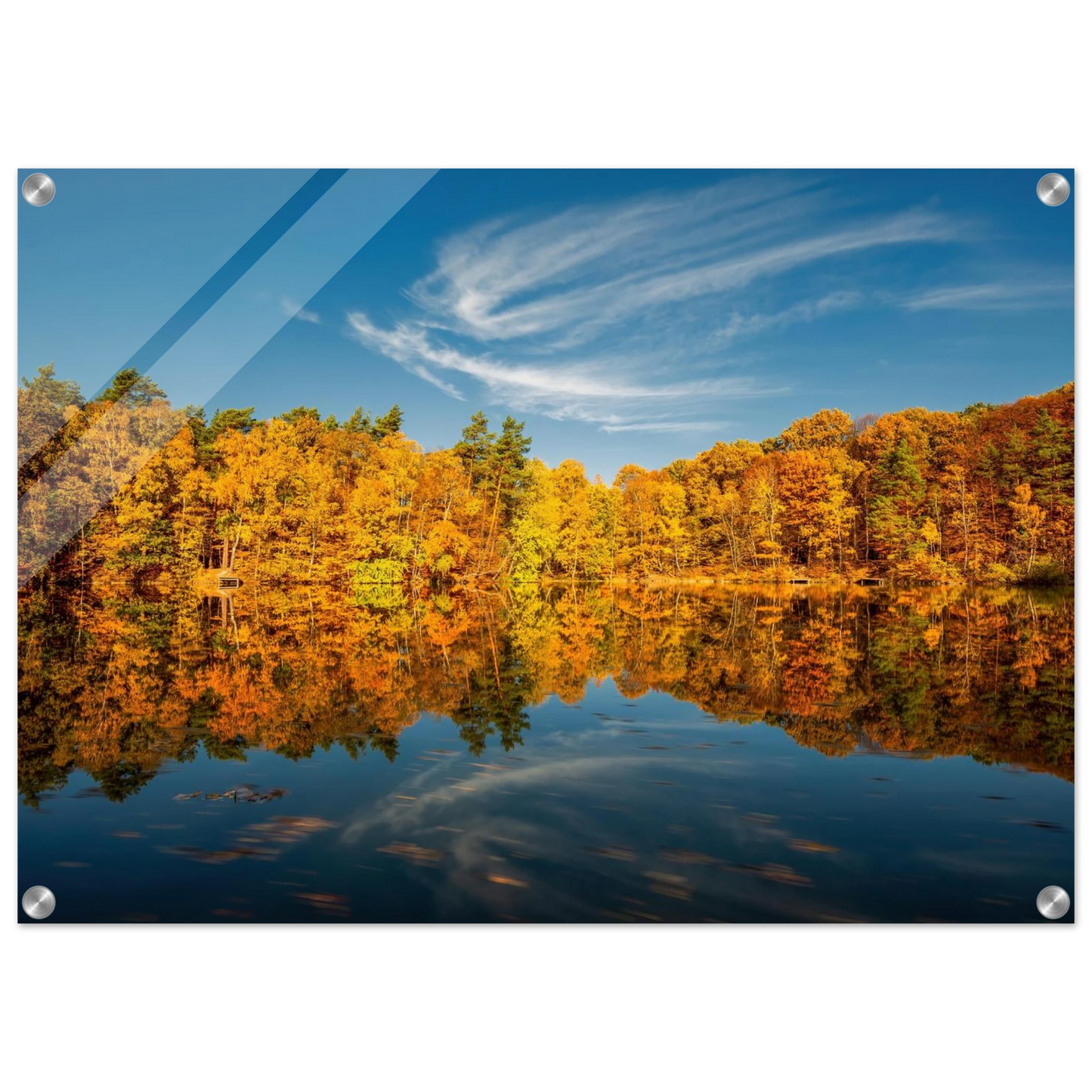 Wandbild herbstliche see symphonie atemberaubende waldspiegelung an einem sonnigen herbsttag