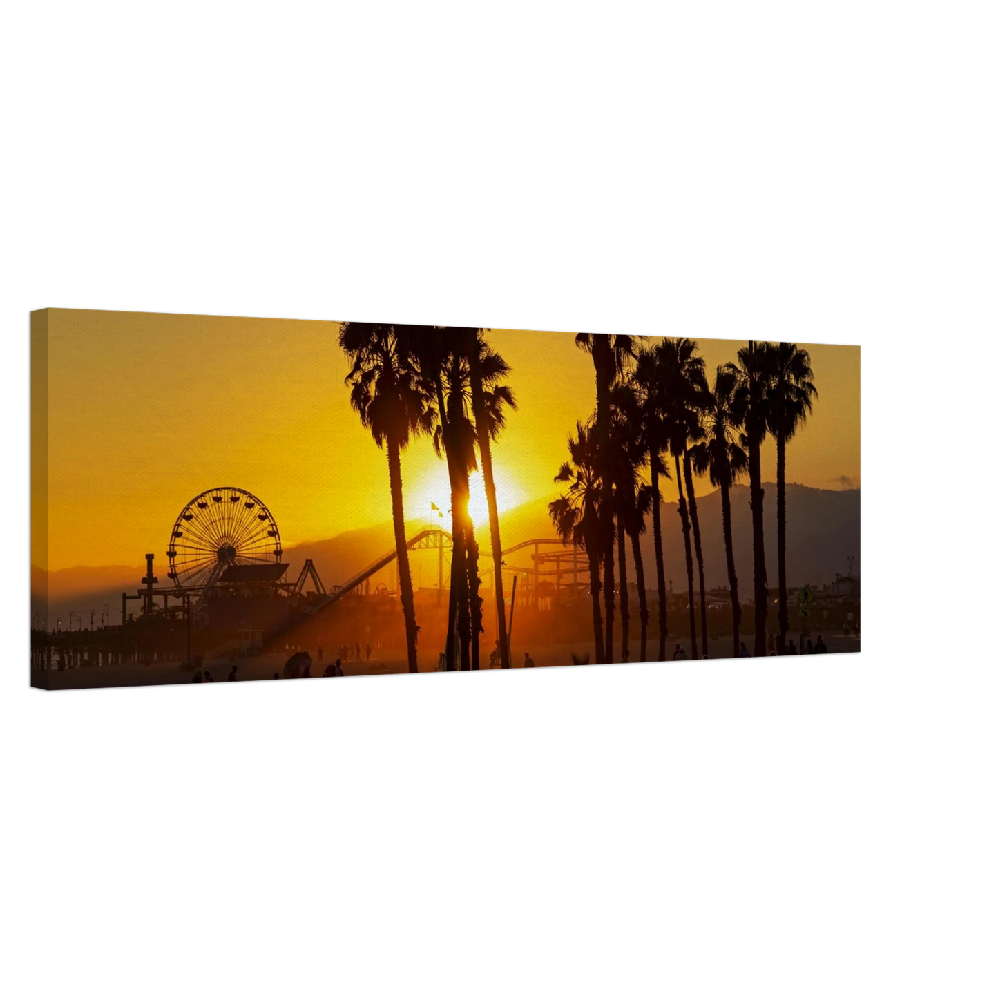Wandbild sonnenuntergang am santa monica pier kalifornische palmen und riesenrad bei goldenem licht