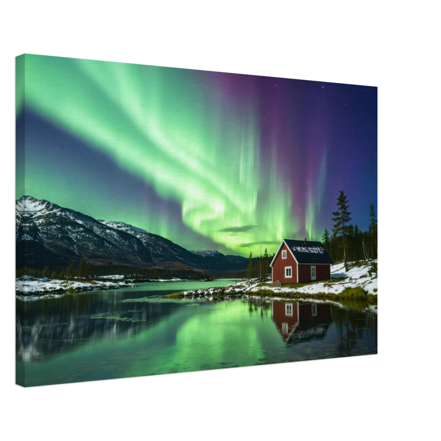 Wandbild nordlichter gemuetliche huette majestaetisches kunstwerk in lebendigen gruentoenen