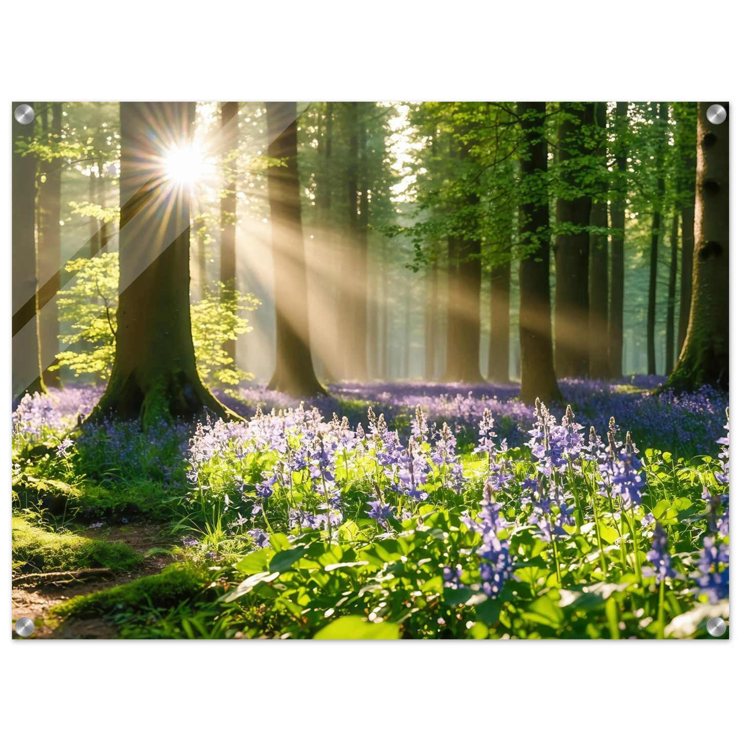 Wandbild mystischer morgenwald mit sonnenstrahlen und lila blueten in vielen groessen