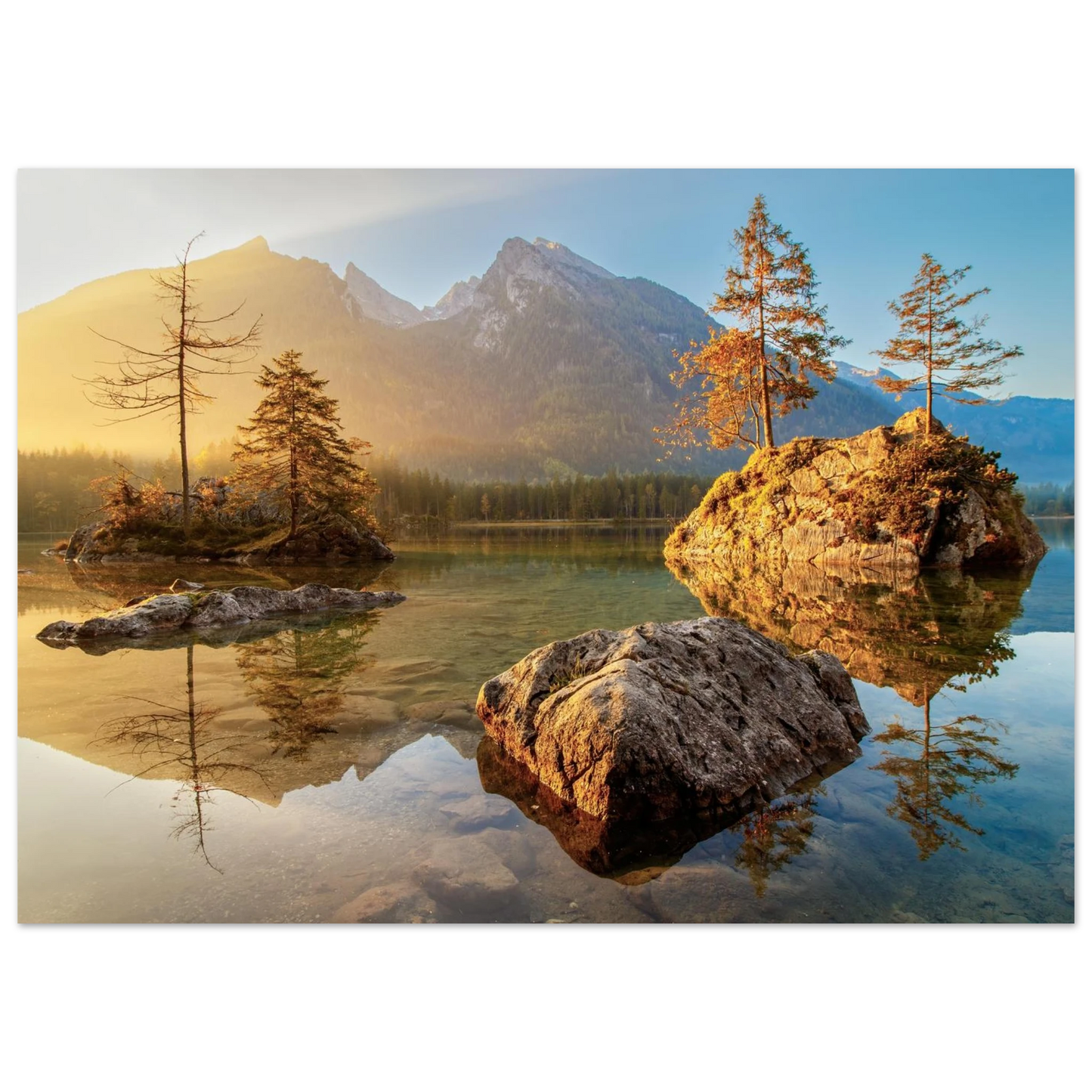 Wandbild majestaetischer sonnenaufgang am gebirgssee beruhigende naturlandschaft in ihrer wunschgroesse