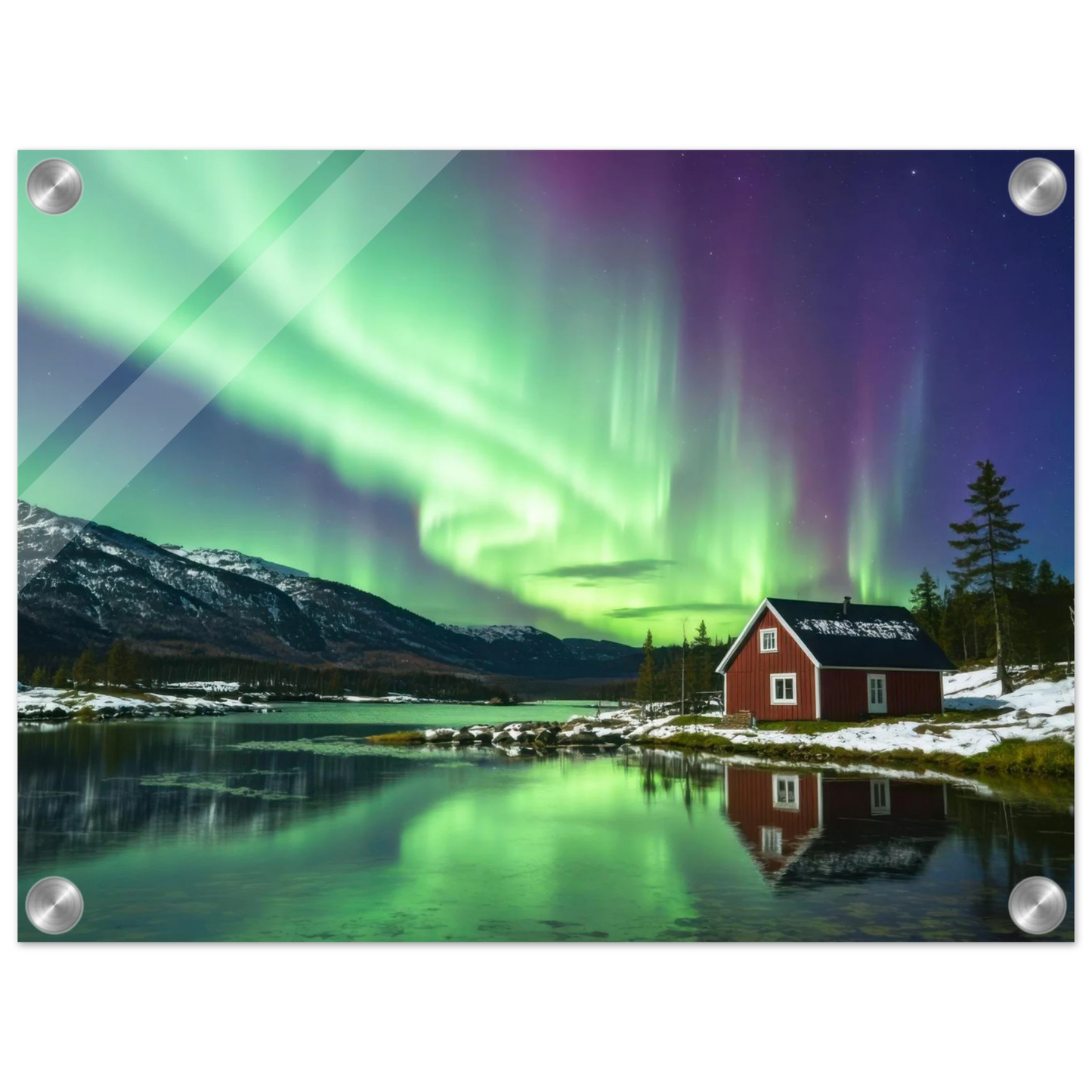 Wandbild nordlichter gemuetliche huette majestaetisches kunstwerk in lebendigen gruentoenen