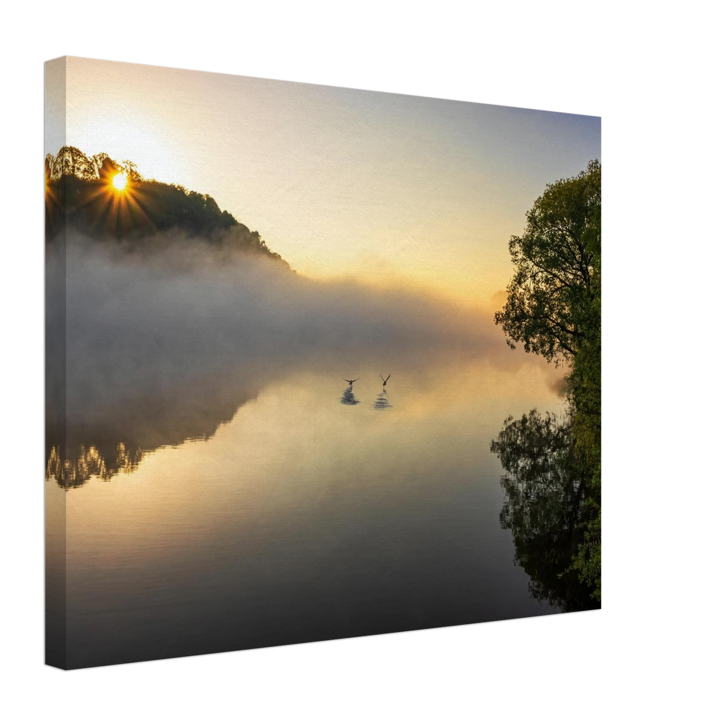 Wandbild mystischer sonnenaufgang ueber dem nebelmeer stille wasser voegel leinwandbild fuer ihr zuhause