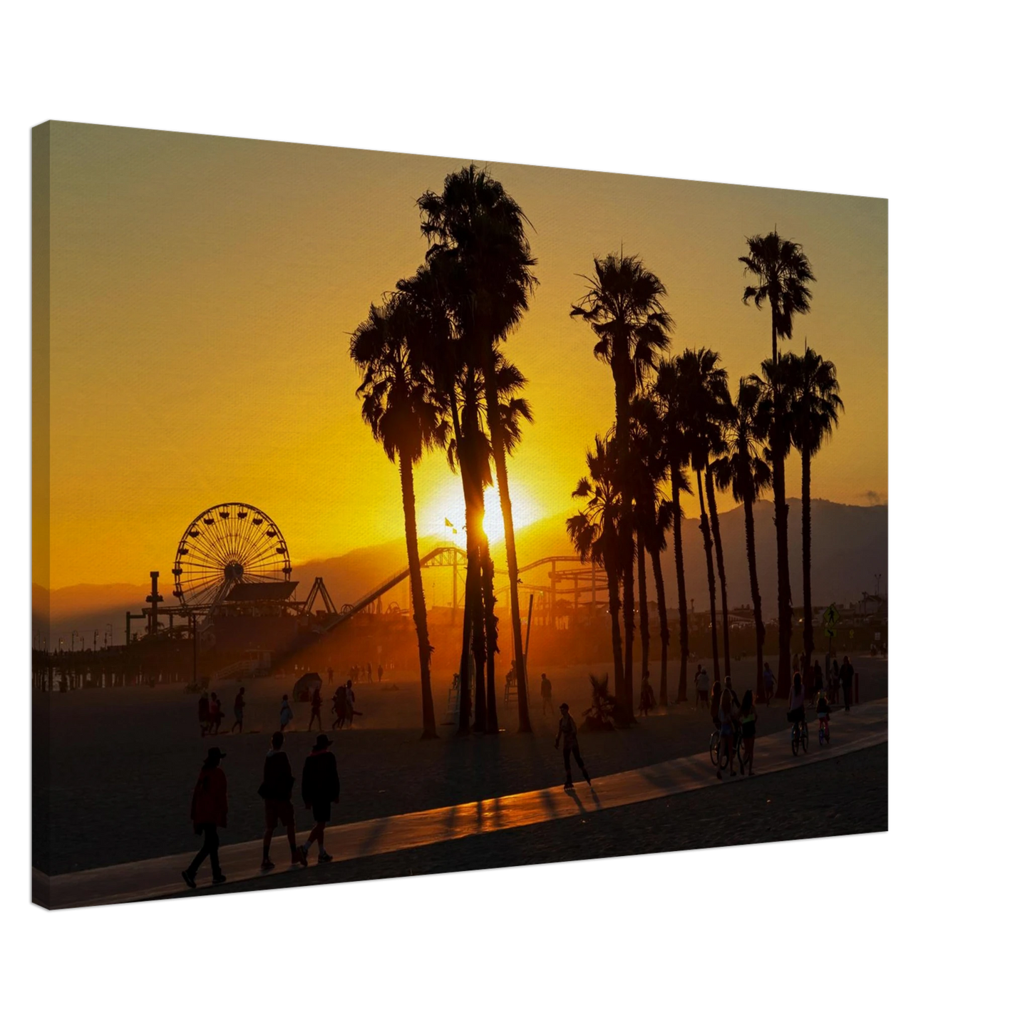 Wandbild sonnenuntergang am santa monica pier kalifornische palmen und riesenrad bei goldenem licht