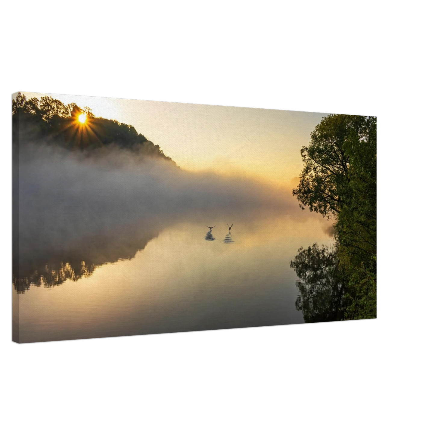 Wandbild mystischer sonnenaufgang ueber dem nebelmeer stille wasser voegel leinwandbild fuer ihr zuhause