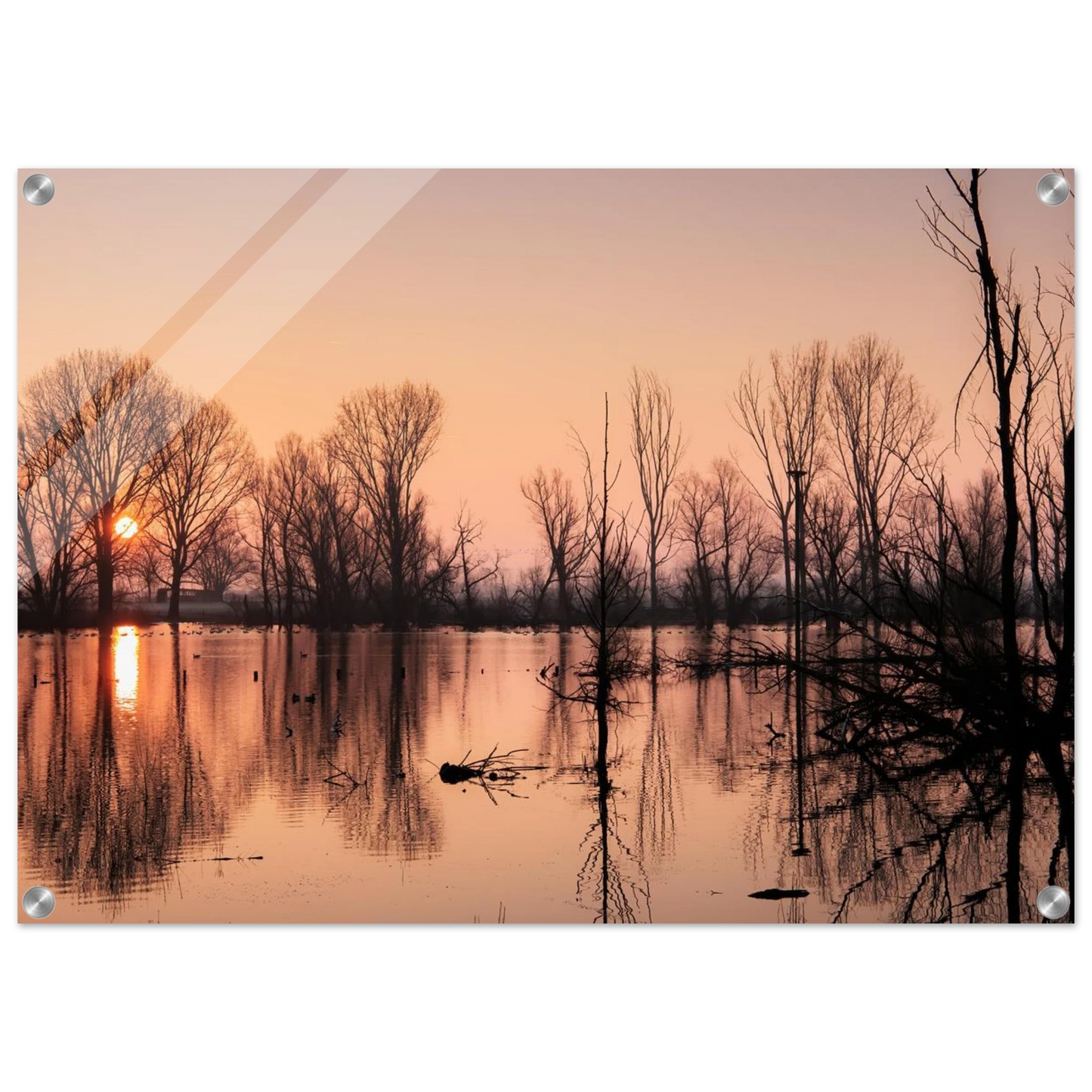 Wandbild mystischer sonnenuntergang am see vertraeumtes naturbild zum aufhaengen in ihrer wunschgroesse