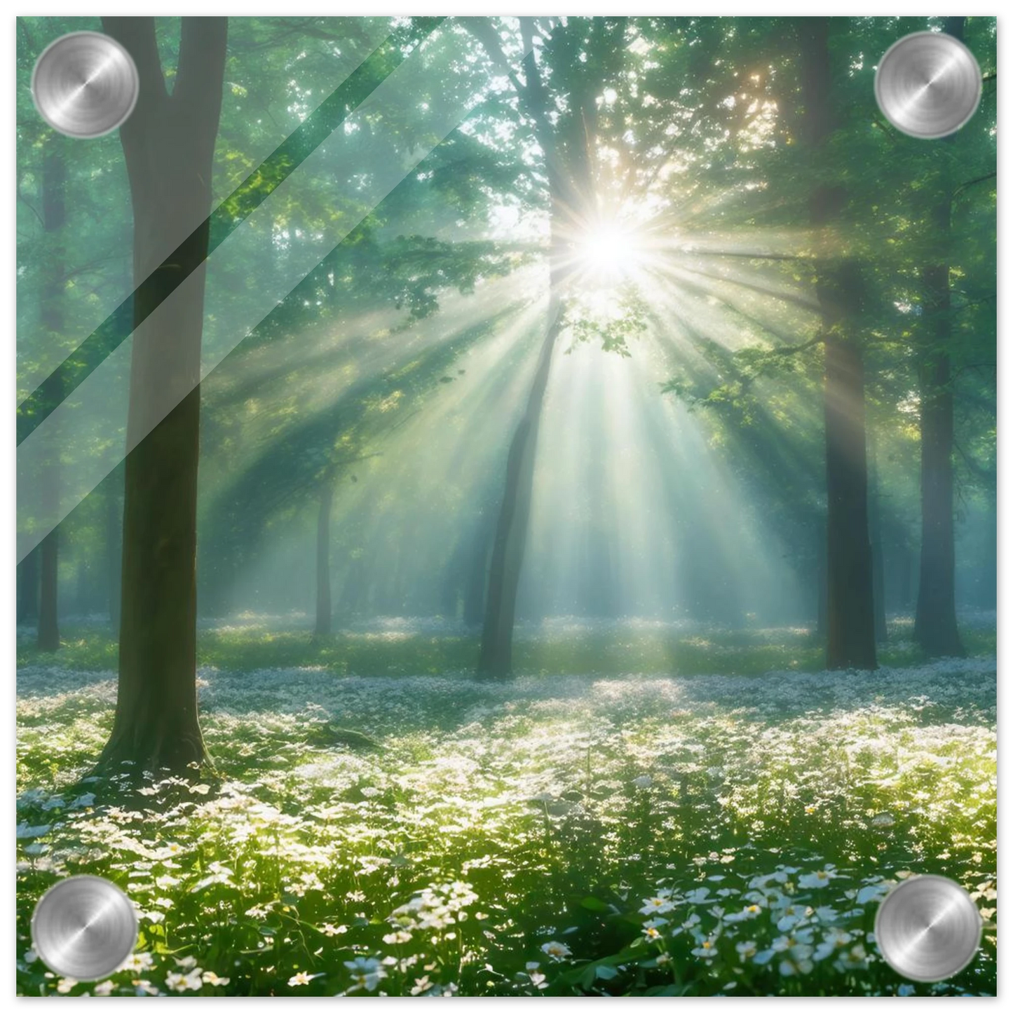 Wandbild mystischer wald sonnenstrahlen im gruenen bluetenmeer