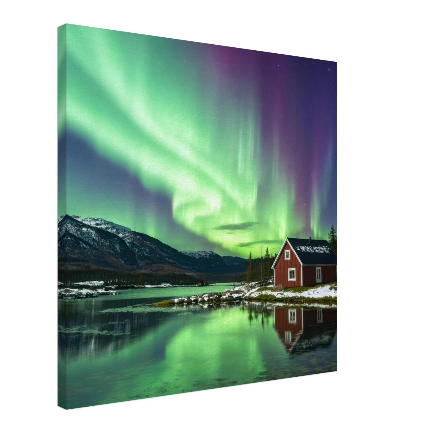 Wandbild nordlichter gemuetliche huette majestaetisches kunstwerk in lebendigen gruentoenen
