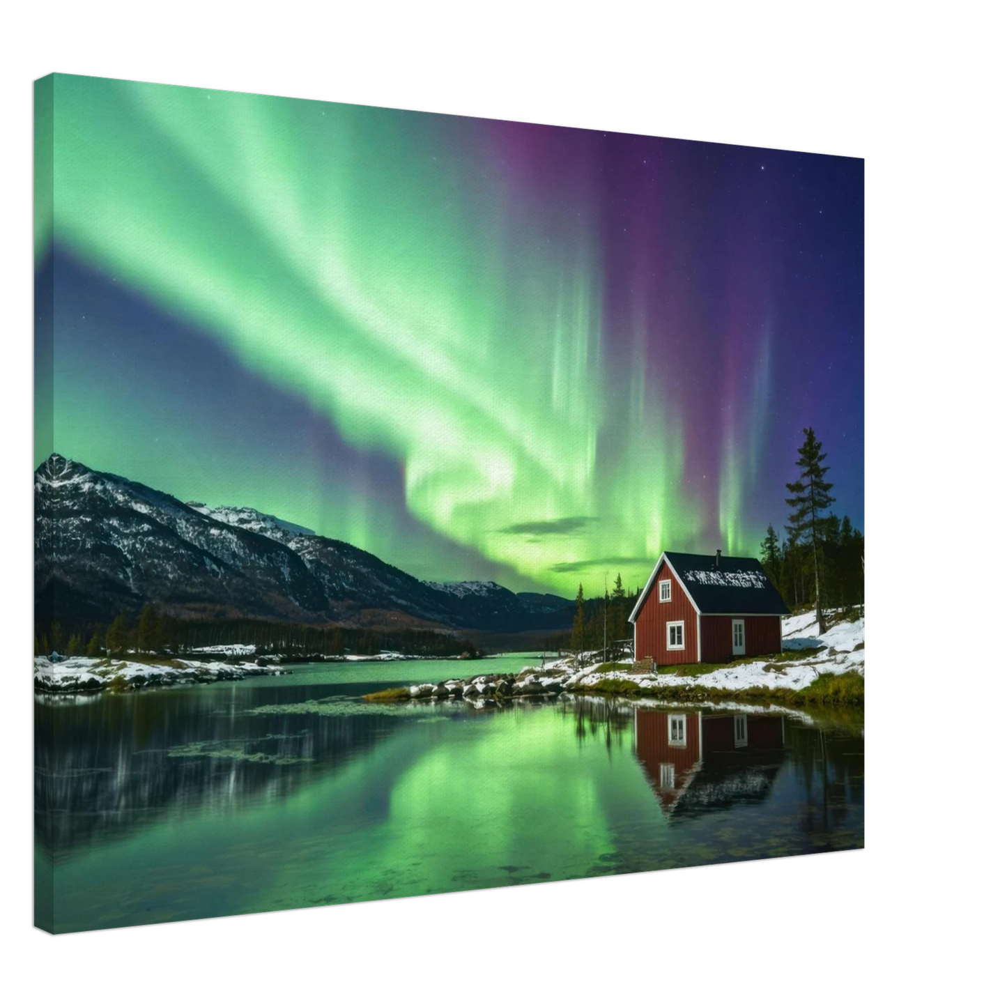 Wandbild nordlichter gemuetliche huette majestaetisches kunstwerk in lebendigen gruentoenen