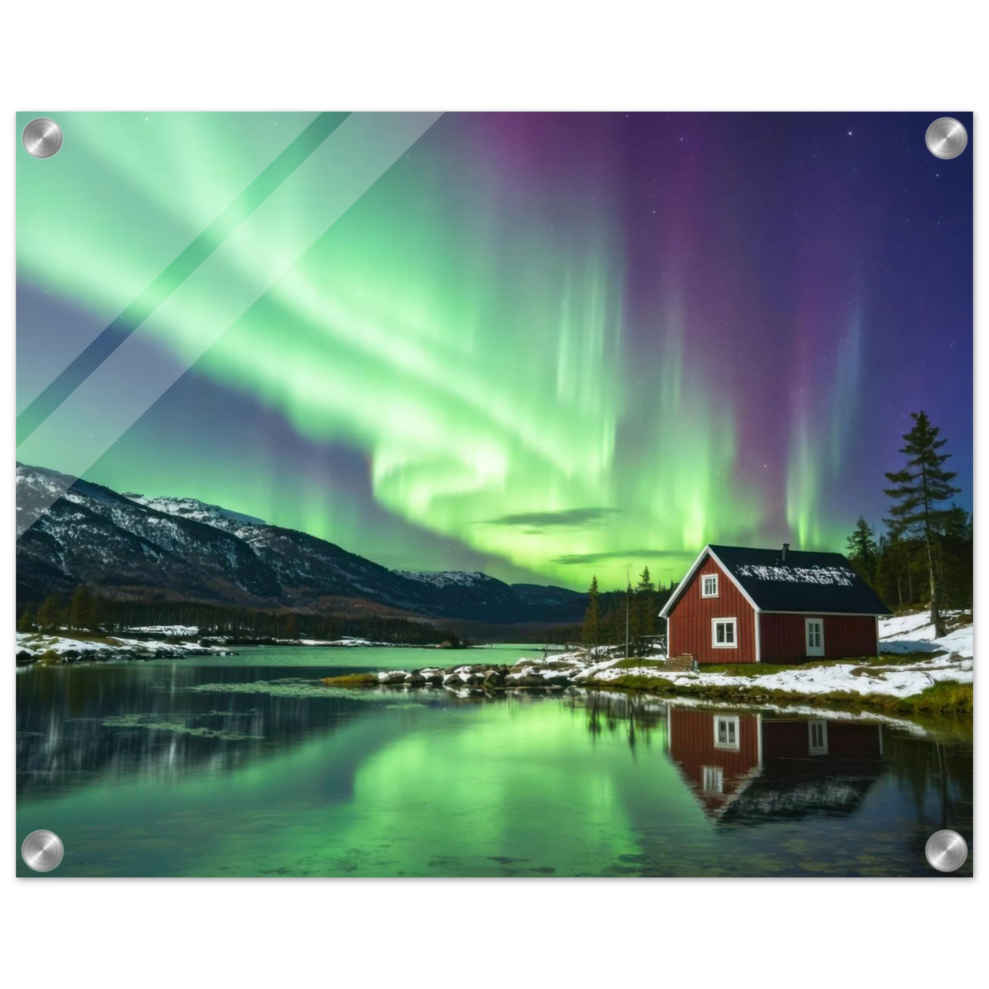 Wandbild nordlichter gemuetliche huette majestaetisches kunstwerk in lebendigen gruentoenen