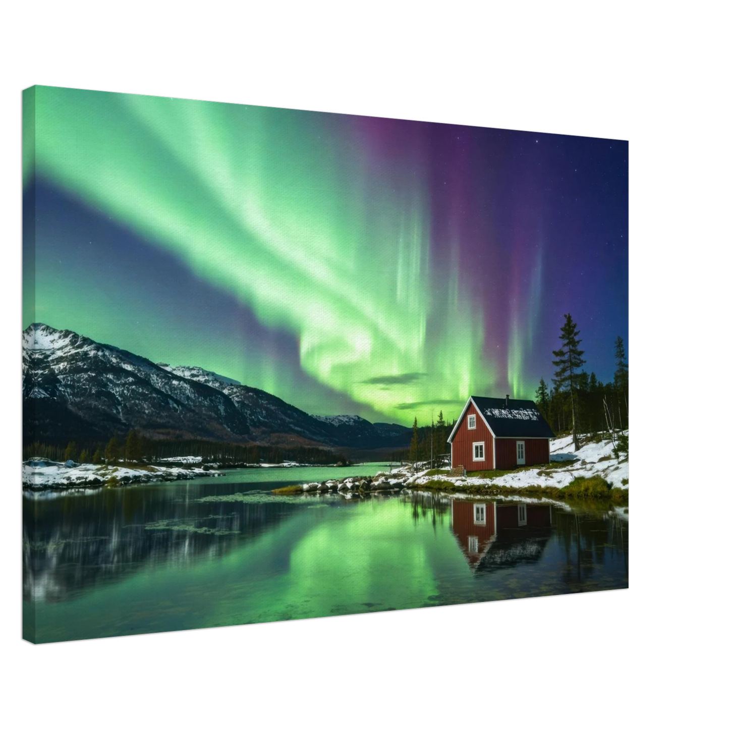 Wandbild nordlichter gemuetliche huette majestaetisches kunstwerk in lebendigen gruentoenen